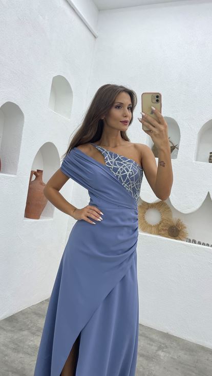 İndigo Tek Omuz Desenli Saten Abiye Elbise