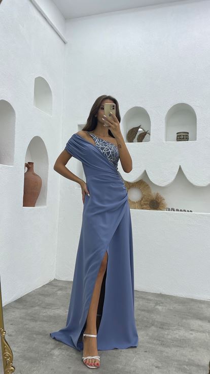 İndigo Tek Omuz Desenli Saten Abiye Elbise