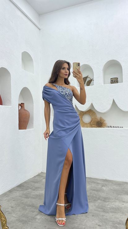 İndigo Tek Omuz Desenli Saten Abiye Elbise