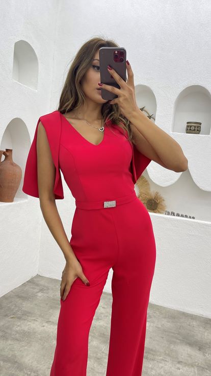 Kırmızı Kolları Volanlı Kemer Detay V Yaka Tasarım Tulum