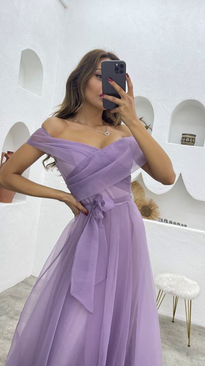 Lilac Cross Strap Sash Detail Tulle Evening Dress