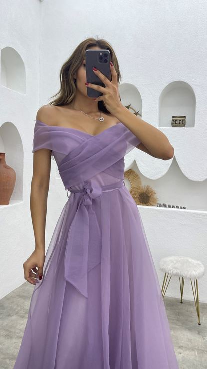 Lilac Cross Strap Sash Detail Tulle Evening Dress