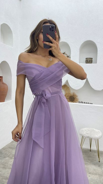 Lilac Cross Strap Sash Detail Tulle Evening Dress