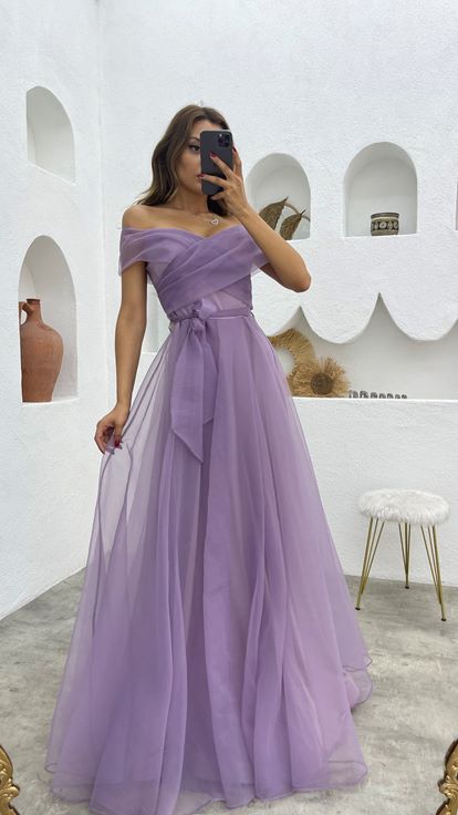 Lilac Cross Strap Sash Detail Tulle Evening Dress