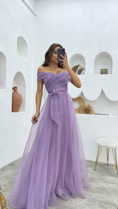 Lilac Cross Strap Sash Detail Tulle Evening Dress