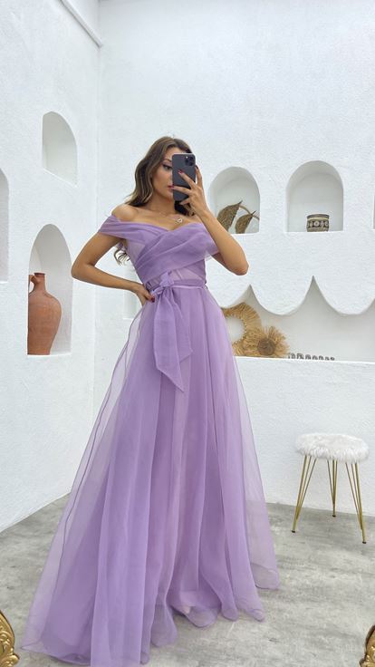 Lilac Cross Strap Sash Detail Tulle Evening Dress