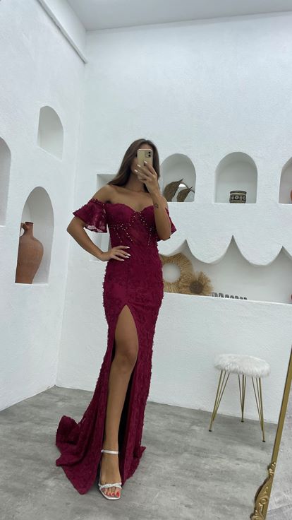 Claret Red Embroidery Detail Floral Lace Evening Dress