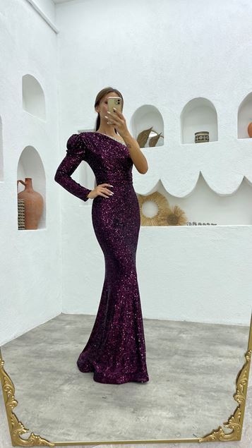 Plum Single Sleeve Belt Detailed Chest Stone Evening Dress