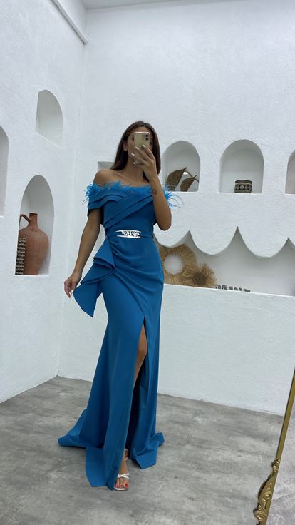 Blue Tassel Belted Evening Dress