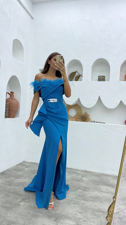 Blue Tassel Belted Evening Dress