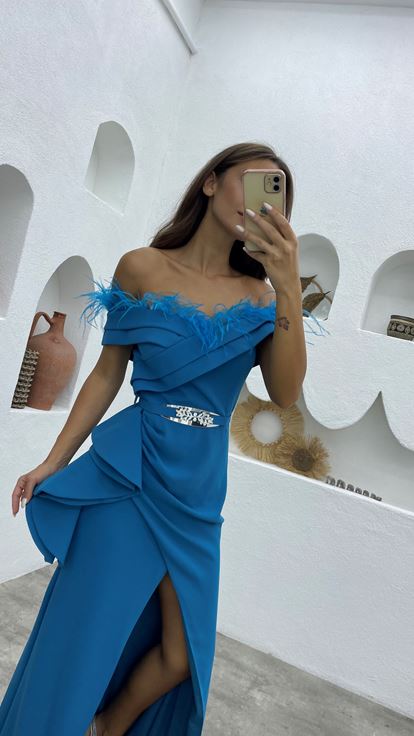 Blue Tassel Belted Evening Dress
