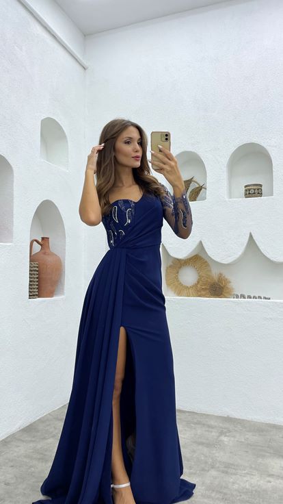 Navy Blue Single Sleeve Embroidered Detail Evening Dress