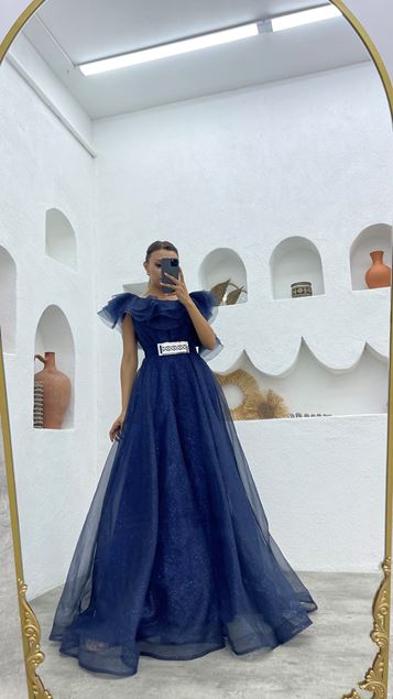 Navy Blue One-Shoulder Volan Detailed Belt Glittery Evening Dress