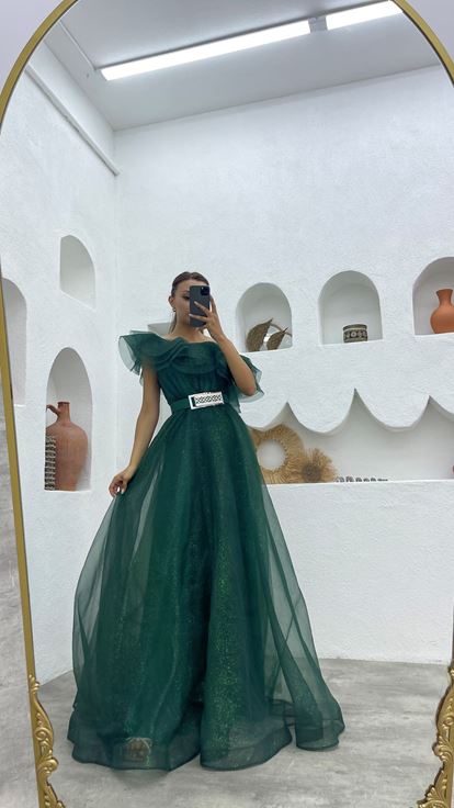 Emerald One-Shoulder Flywheel Detail Belted Silvery Evening Dress