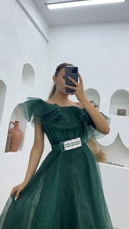 Emerald One-Shoulder Flywheel Detail Belted Silvery Evening Dress