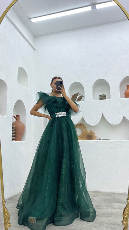 Emerald One-Shoulder Flywheel Detail Belted Silvery Evening Dress