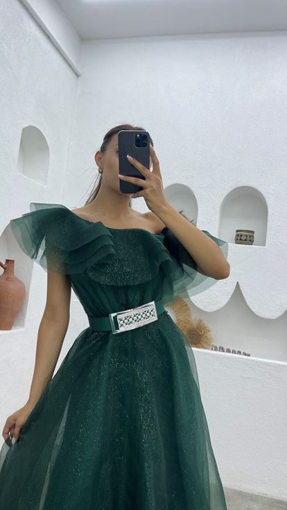 Emerald One-Shoulder Flywheel Detail Belted Silvery Evening Dress