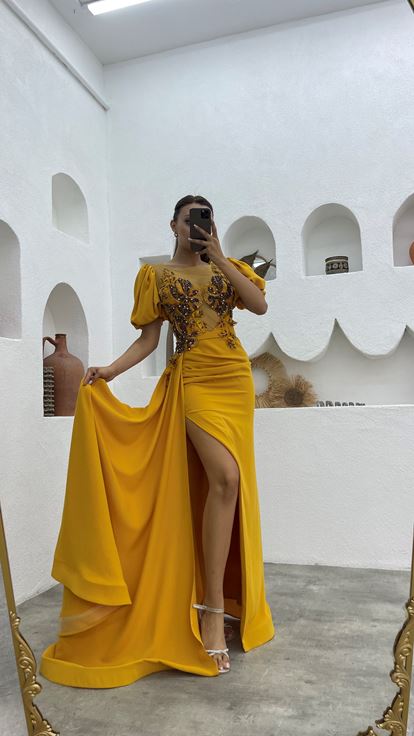 Hardal Transparan Detay Önü İşlemeli Saten Abiye Elbise