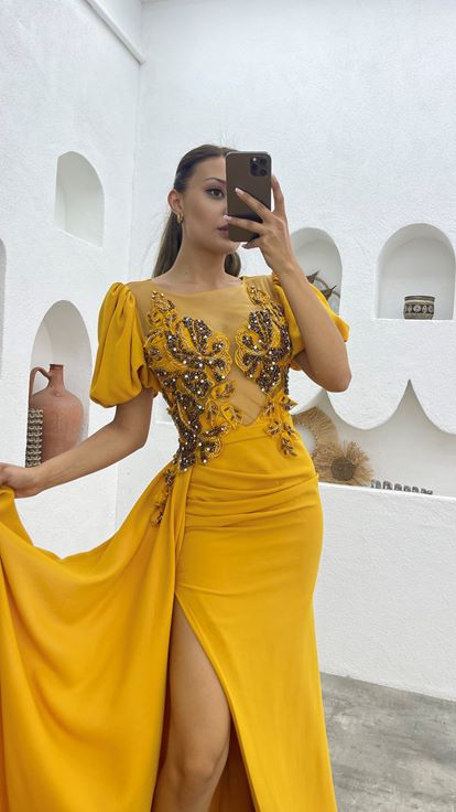 Hardal Transparan Detay Önü İşlemeli Saten Abiye Elbise