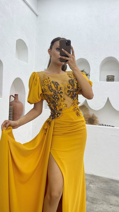 Hardal Transparan Detay Önü İşlemeli Saten Abiye Elbise