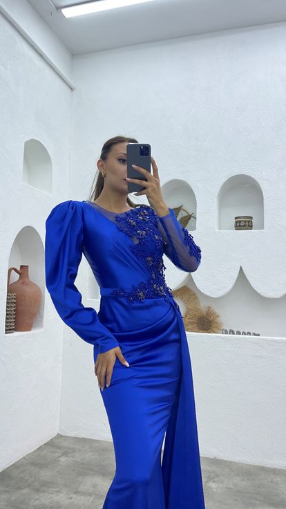 Blue Single Sleeve Embroidered Detail Satin Evening Dress