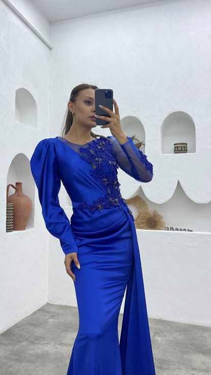 Blue Single Sleeve Embroidered Detail Satin Evening Dress