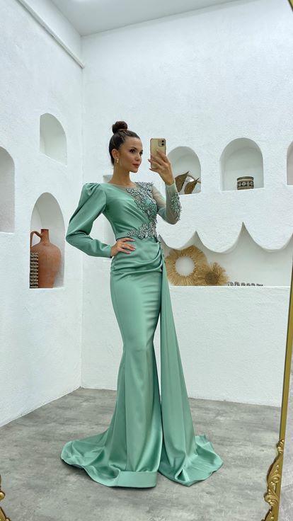 Mint Green Single Sleeve Embroidered Detail Satin Evening Dress