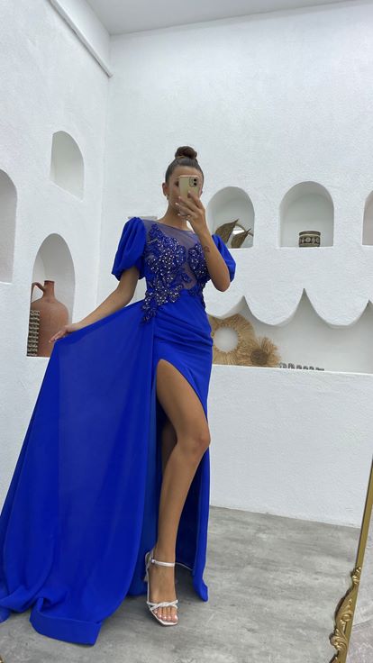 Blue Transparent Detail Embroidered Satin Evening Dress