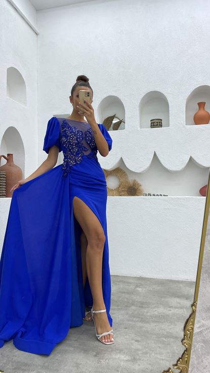 Blue Transparent Detail Embroidered Satin Evening Dress