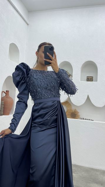 Anthracite Embroidery Detail Volan Detail Evening Dress