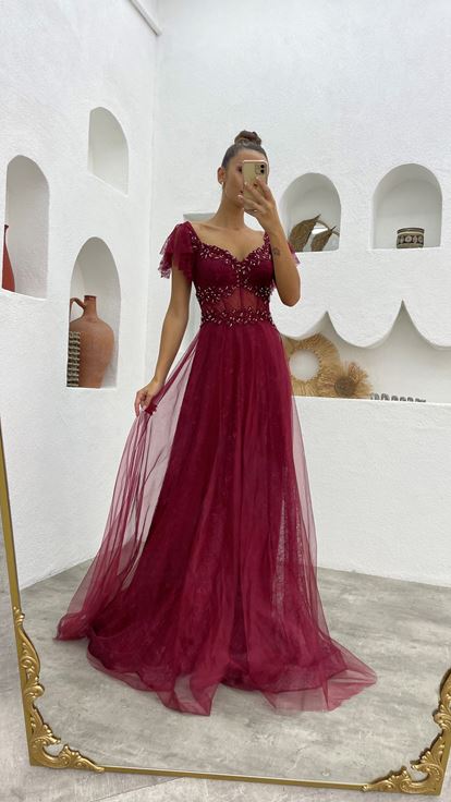 Claret Red Embroidered Lace Evening Dress