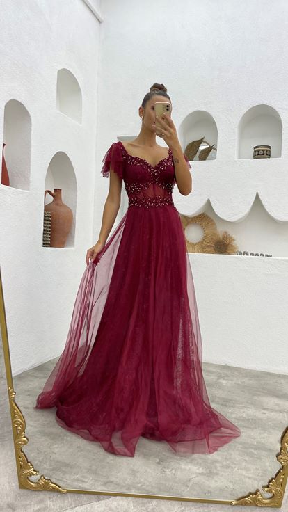 Claret Red Embroidered Lace Evening Dress
