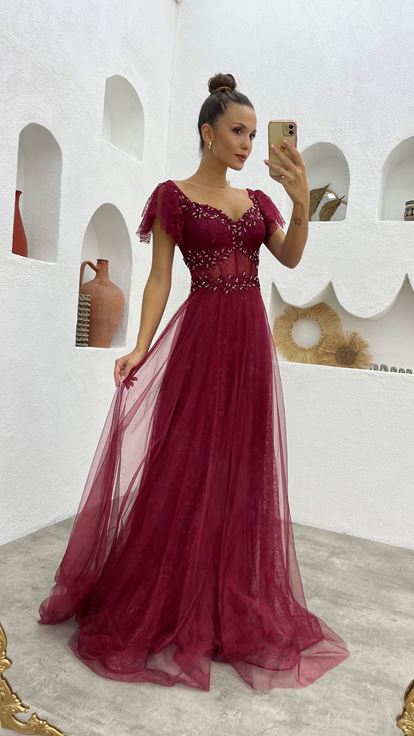 Claret Red Embroidered Lace Evening Dress