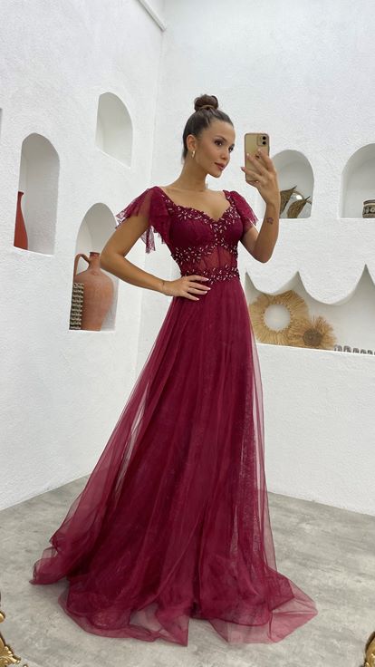 Claret Red Embroidered Lace Evening Dress