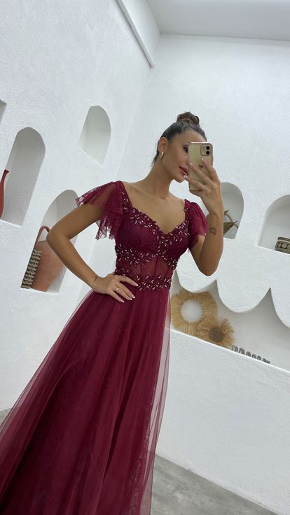 Claret Red Embroidered Lace Evening Dress