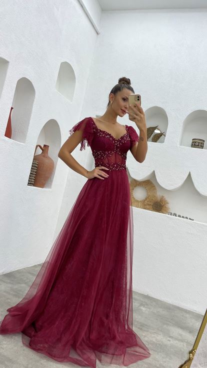 Claret Red Embroidered Lace Evening Dress