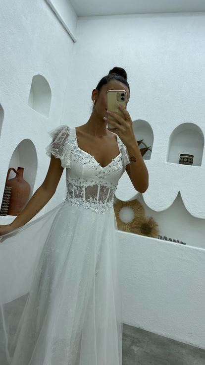 White Embroidered Lace Evening Dress