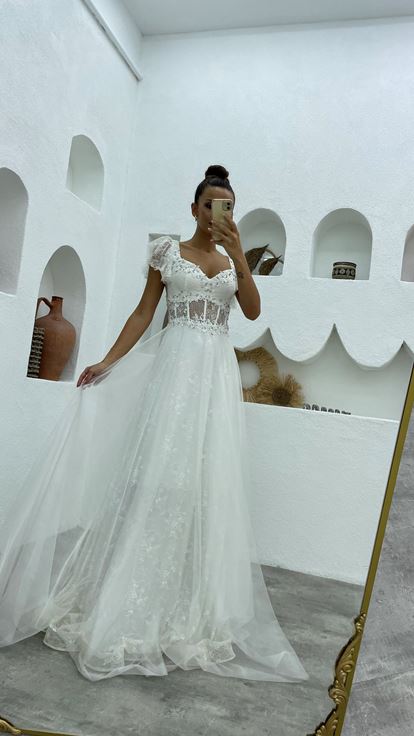 White Embroidered Lace Evening Dress