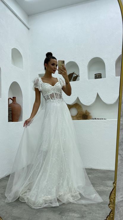 White Embroidered Lace Evening Dress