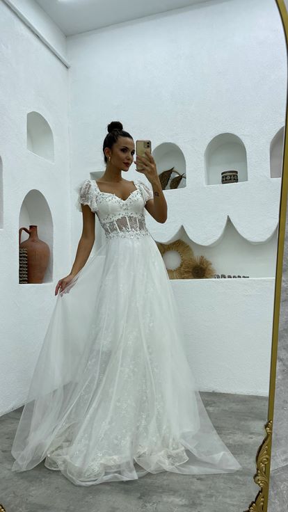 White Embroidered Lace Evening Dress