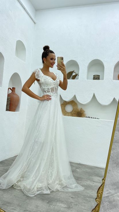 White Embroidered Lace Evening Dress