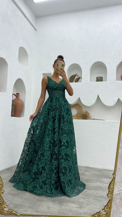 Emerald Strap Embroidered Tulle Evening Dress