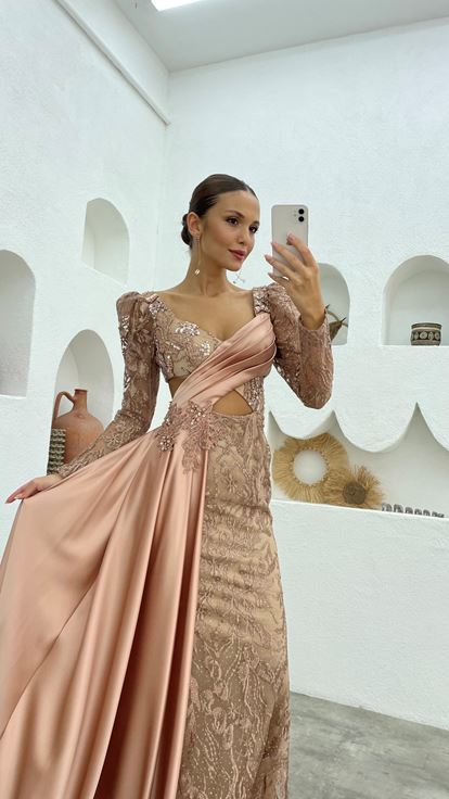 Beige Waist Detail Guipure Draped Embroidered Evening Dress