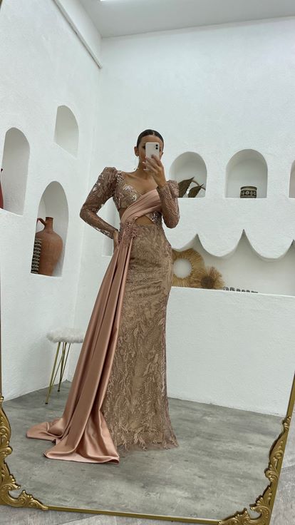Beige Waist Detail Guipure Draped Embroidered Evening Dress