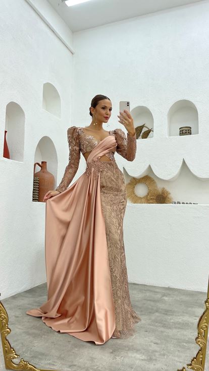 Beige Waist Detail Guipure Draped Embroidered Evening Dress