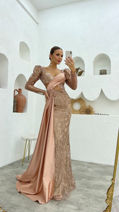 Beige Waist Detail Guipure Draped Embroidered Evening Dress
