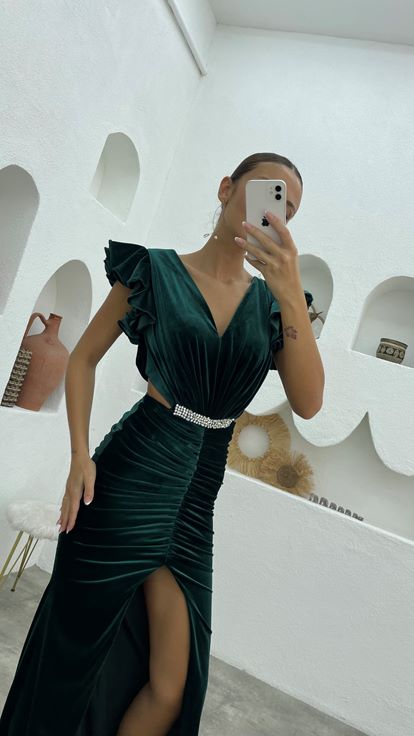 Emerald Green Sleeves Ruffle Detailed Belt Velvet Evening Dress