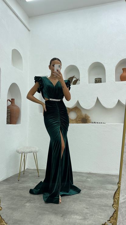 Emerald Green Sleeves Ruffle Detailed Belt Velvet Evening Dress