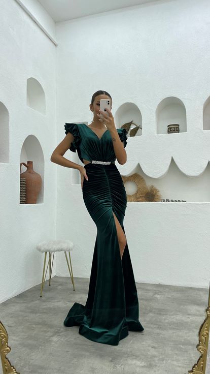 Emerald Green Sleeves Ruffle Detailed Belt Velvet Evening Dress