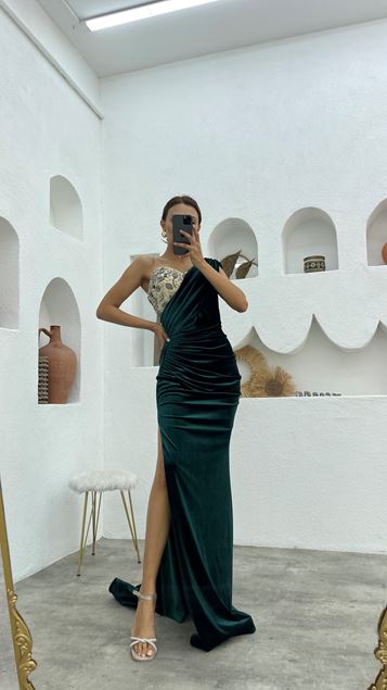 Smeraldo Una spalla ricamata coulisse abito da sera